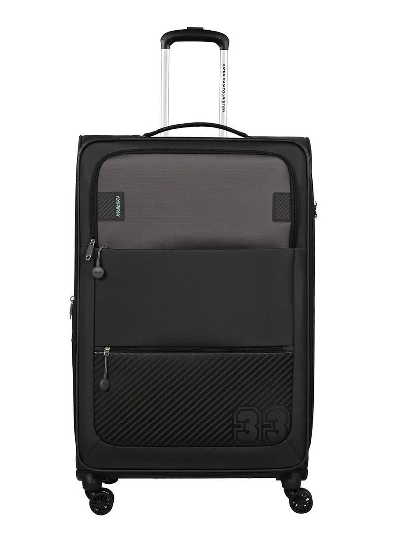 AMERICAN TOURISTER  Majoris + Suitcase, Check-In Size 83 cm, 4 Spinner Wheels, Soft Top, 100% Polyester, Black|Corner Guards|Multi Front Pocket|TSA Combination Lock|Expandable|Retractable Aluminum Handle - 3 Years International Warranty  | Best Price UAE